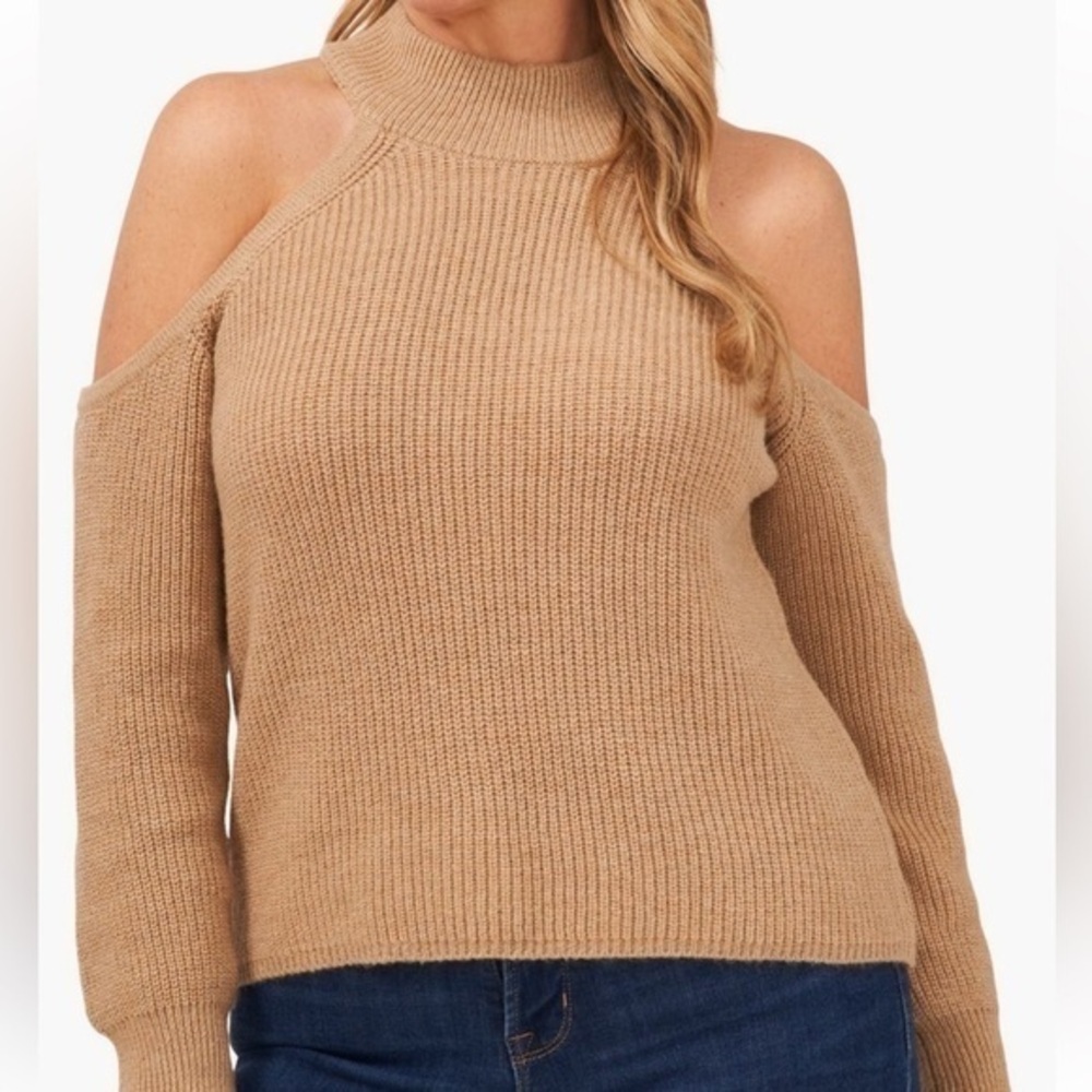 🆕1.STATE Cold Shoulder Cotton Blend Shoulder Cutout Turtleneck Sweater BeigeNWT